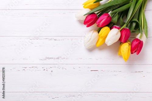 Yellow, pink  and white tulips flowers  on  vintage wooden background.