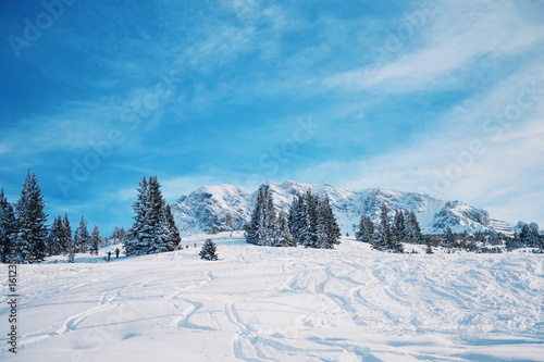 Winterlandschaft in Österreich mit Skispuren