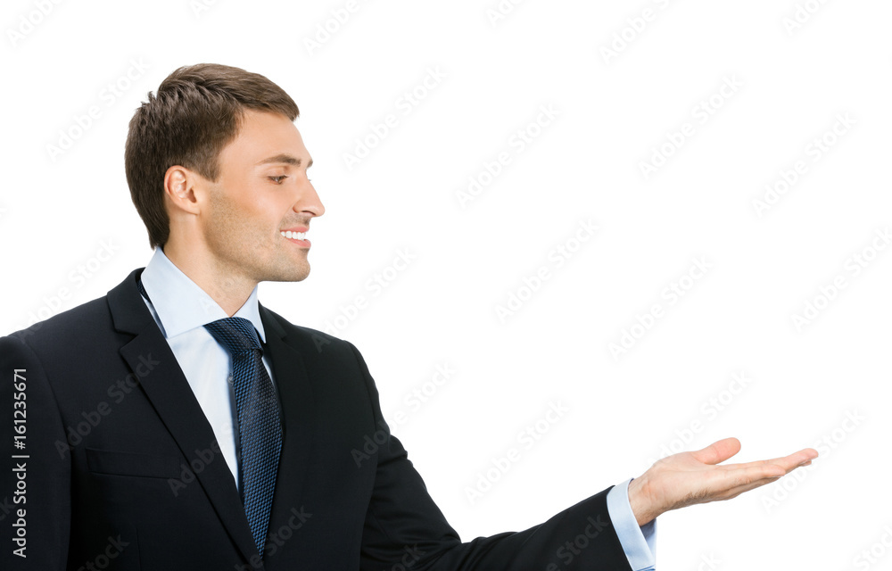 Business man showing, isolated Business man showing, isolated