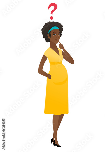 Thinking pregnant woman with question mark.
