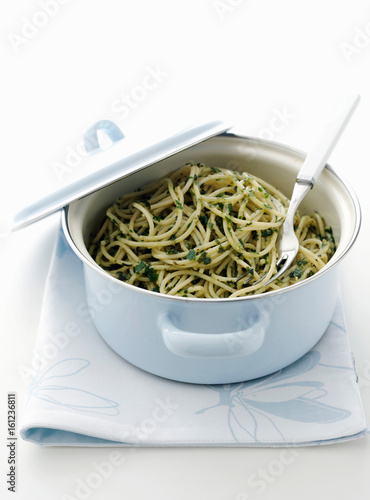 Pot of pesto pasta photo