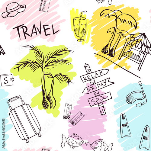 Travel pattern with trip attributes on transparent background. Background with tourist attributes for design flyers, web, cards, invitations, letters, advertising