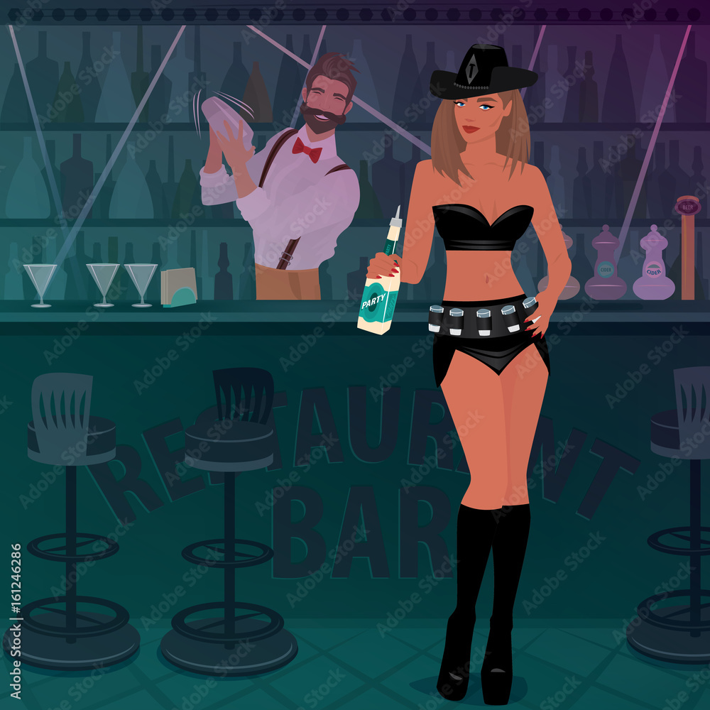 Vetor de Attractive woman in sexy outfit with shots on her belt, offers  alcoholic drink. Fashionable bartender prepares cocktail. Work promo girl  in the bar concept do Stock | Adobe Stock