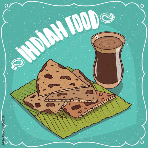 Traditional food, dish of Indian cuisine, pieces of flatbread Roti, Naan, Chapati, Papadum or Paratha, on banana leaf plate and masala chai tea. Hand drawn comic style