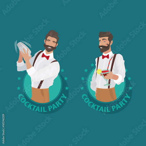 Set of emblems Cocktail Party. Cheerful and mustachioed bartender hipster with suspenders and red bow tie prepares cocktail and offers it to the viewer