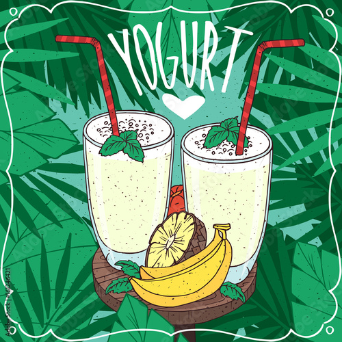 Romantic composition with two glasses yoghurt with fresh pieces of different tropical fruits on wooden table. Realistic hand draw style. Lettering Yogurt