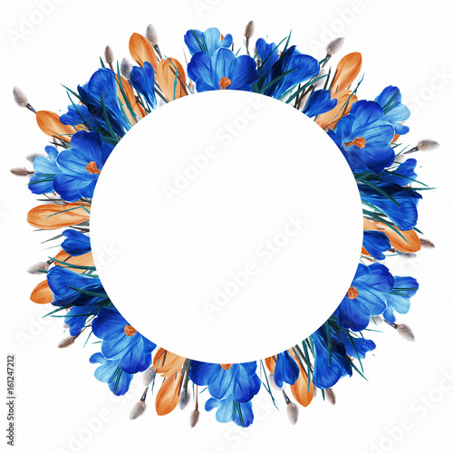 Fototapeta Naklejka Na Ścianę i Meble -  Blue and yellow crocus and snowdrops with willow. Butterflies on the background of spring flowers ..