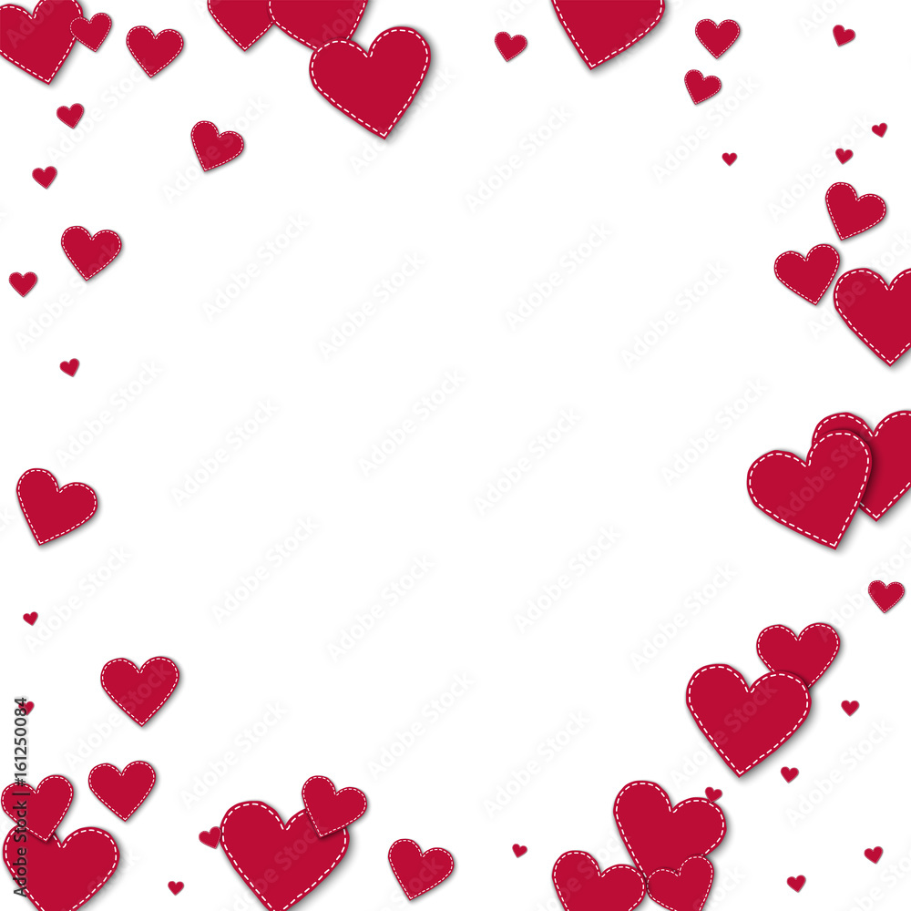 Red stitched paper hearts. Bordered frame on white background. Vector illustration.