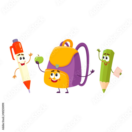 Cute and funny smiling pen, pencil, backpack characters, back to school concept, cartoon vector illustration isolated on white background. Happy school characters, mascots - school bag, pen and pencil