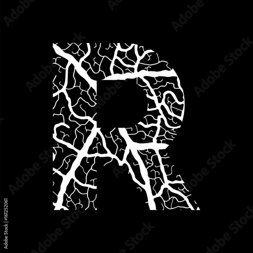 Nature alphabet, ecology decorative font. Capital letter R filled with leaf veins pattern white on black background. Leaves texture hand draw nature alphabet. Vector illustration.