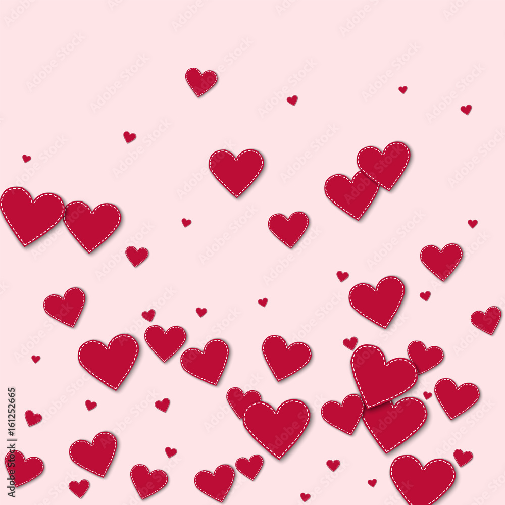 Red stitched paper hearts. Bottom gradient on light pink background. Vector illustration.