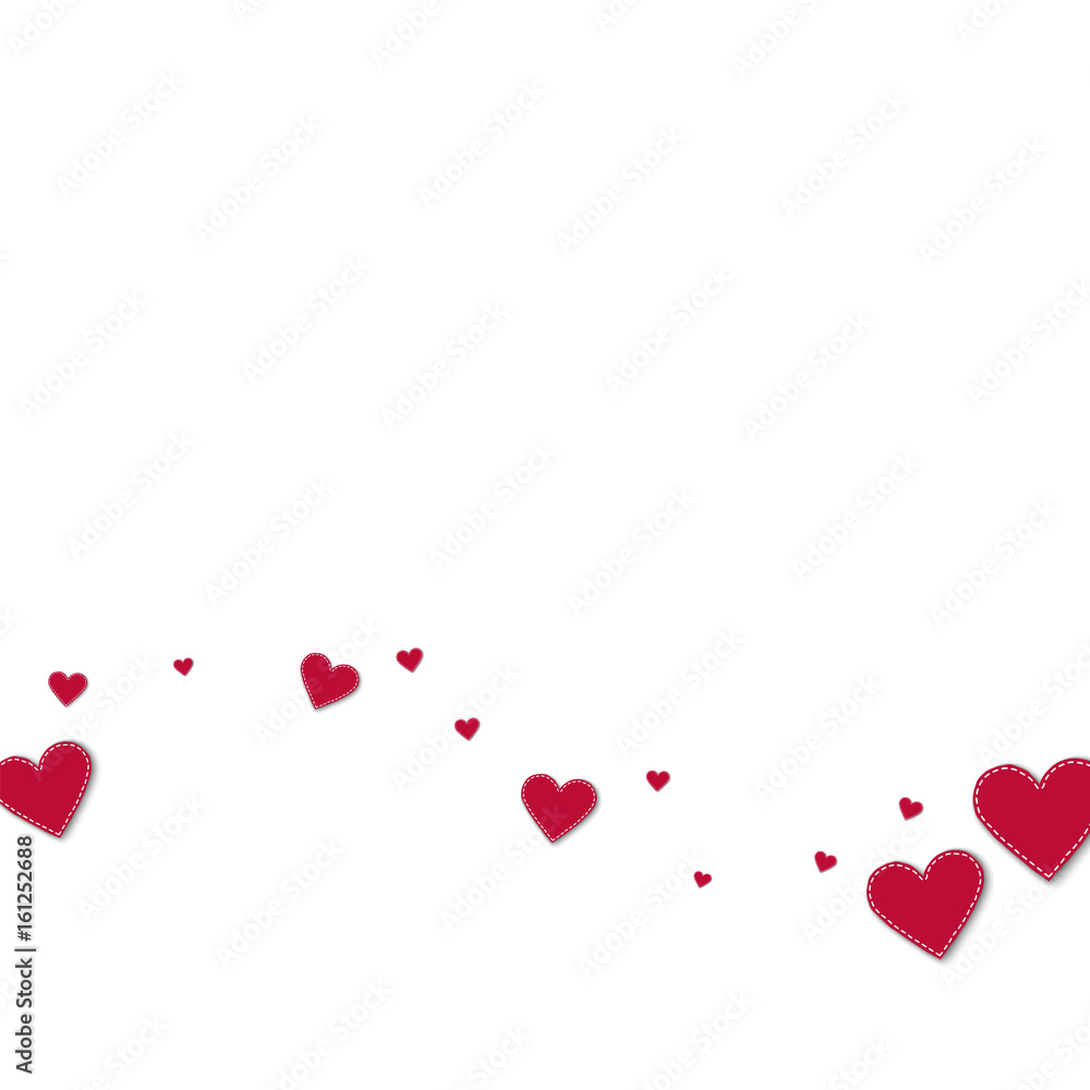 Red stitched paper hearts. Bottom wave on white background. Vector illustration.