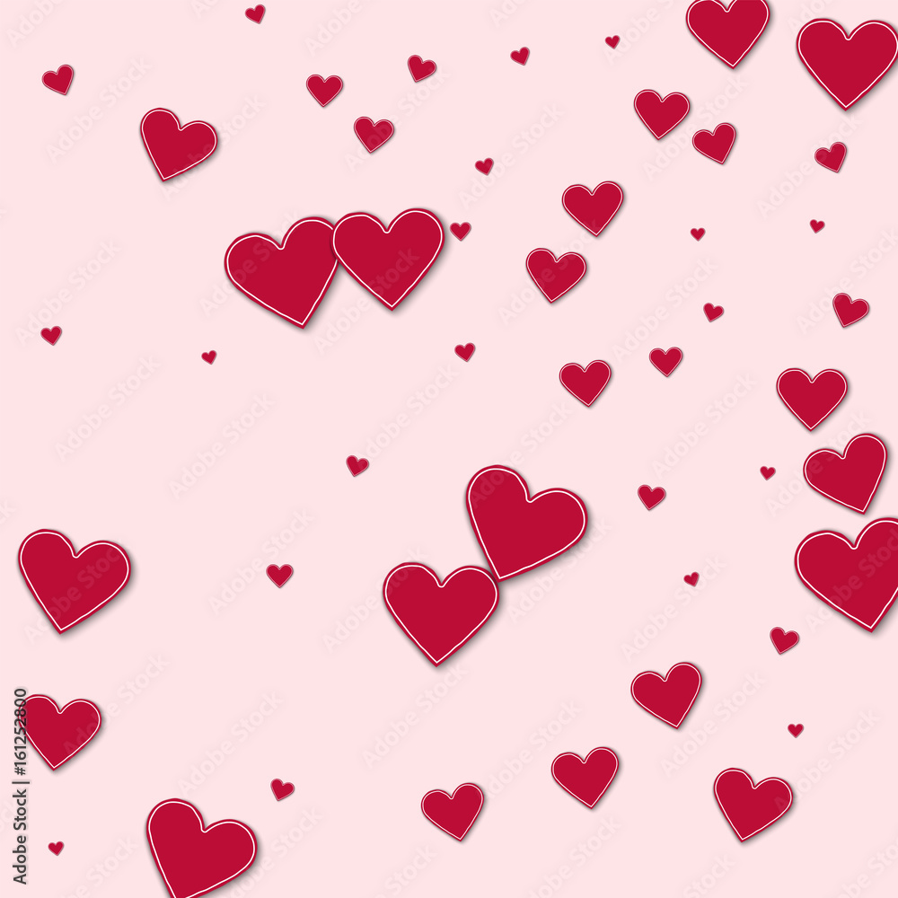 Cutout red paper hearts. Random scatter on light pink background. Vector illustration.