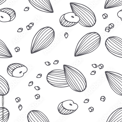 Hand drawn outline seamless pattern with almond. Black and white food background