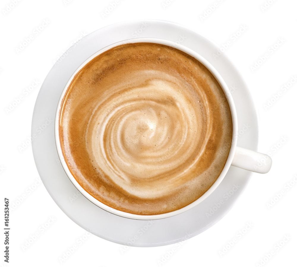 Top view of hot coffee latte cappuccino spiral foam isolated on white background, clipping path included Top view of hot coffee latte cappuccino spiral foam isolated on white background, clipping path included
