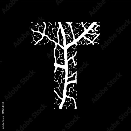 Nature alphabet, ecology decorative font. Capital letter T filled with leaf veins pattern white on black background. Leaves texture hand draw nature alphabet. Vector illustration.