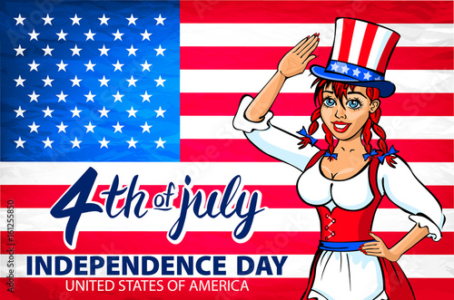 illustration of a girl celebrating Independence Day Vector Poster. 4th of July Lettering. American Red Flag on Blue Background with Stars