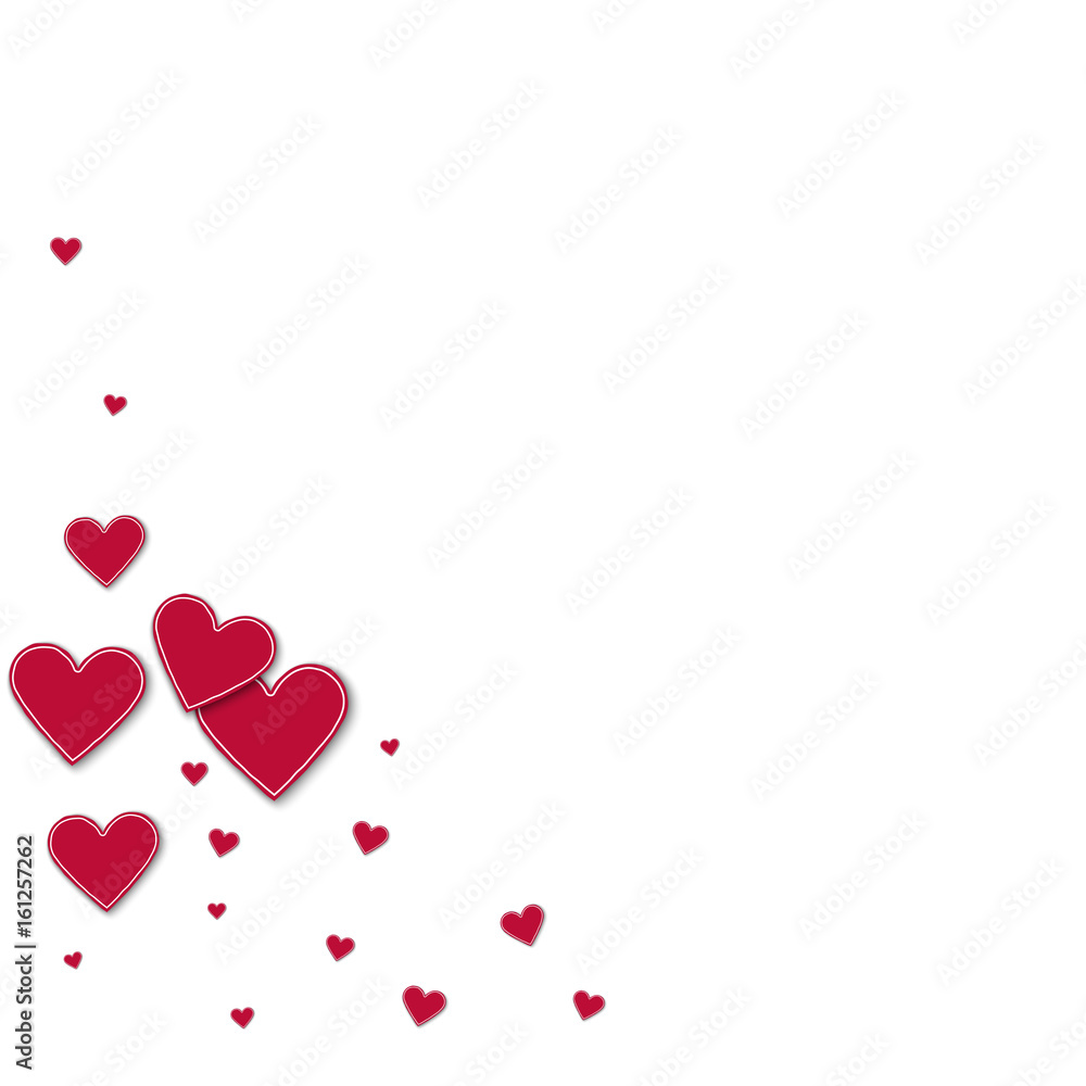 Cutout red paper hearts. Bottom left corner on white background. Vector illustration.