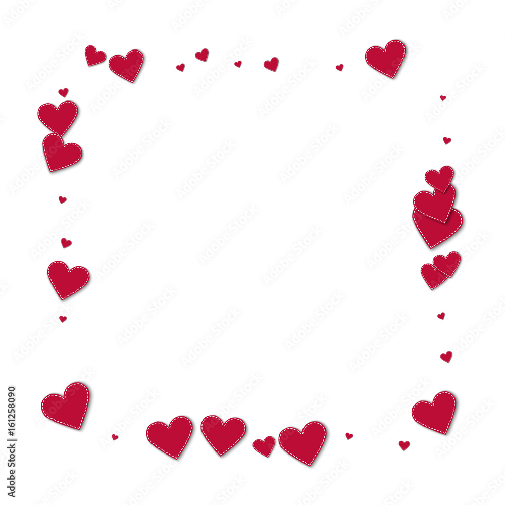 Red stitched paper hearts. Square abstract shape on white background. Vector illustration.