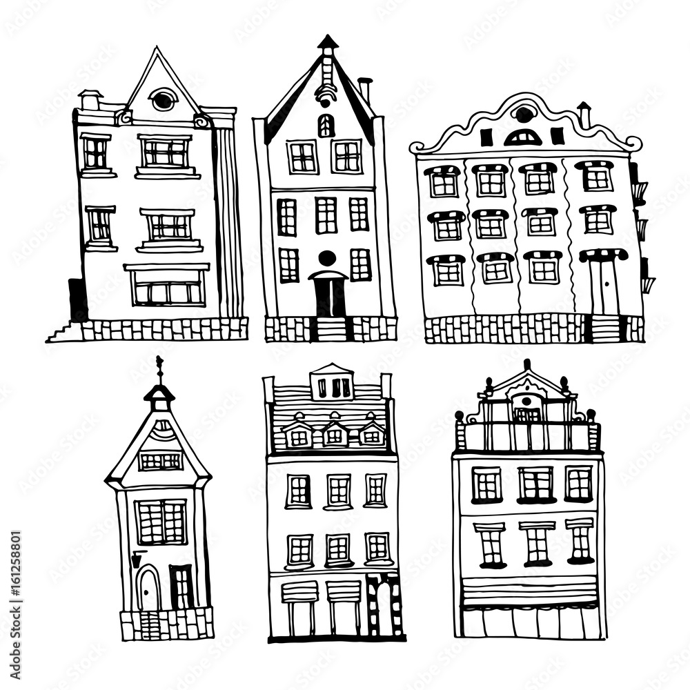 Drawing of a set of vintage houses of the old city of Riga, sketch of hand-drawn ink vector illustration