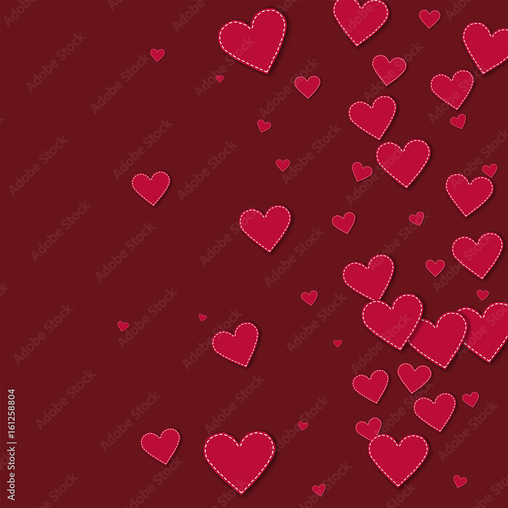 Red stitched paper hearts. Right gradient with red stitched paper hearts on wine red background. Vector illustration.