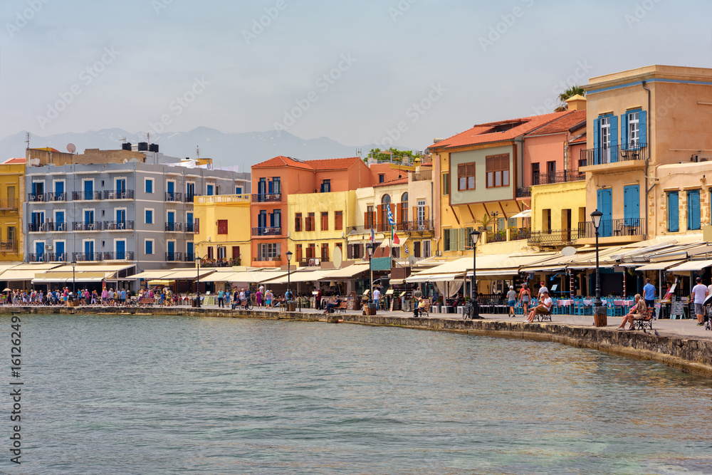 View of the village and harbor of Chania, island of Crete, Greece