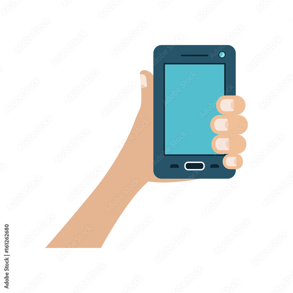 white background with colorful hand holding smartphone vector illustration