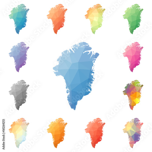 Greenland geometric polygonal, mosaic style maps collection. Bright abstract tessellation, low poly style, modern design. Greenland polygonal maps for your infographics or presentation.