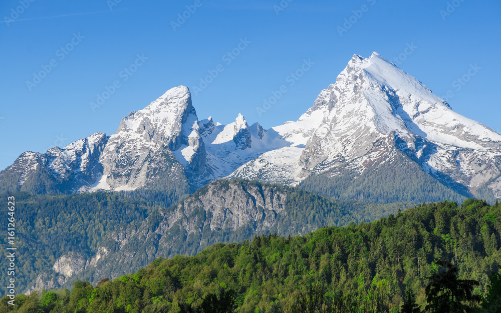 Snowy mount peaks of Watzmann Mountain ridge in Bavarian Alps