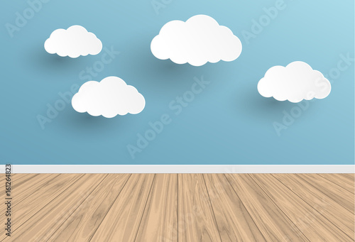 blue wall and cloud with wood terrace