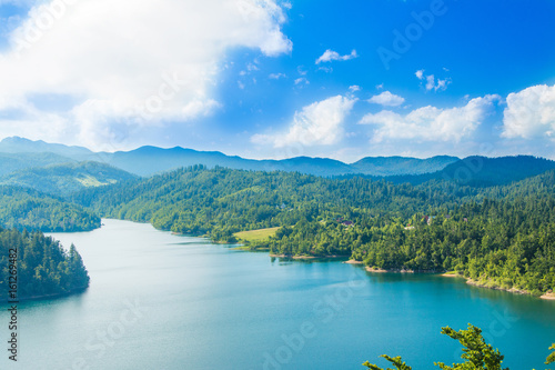  Panoramic view of Lokvarsko lake, beautiful mountain landscape, Lokve, Gorski kotar, Croatia 