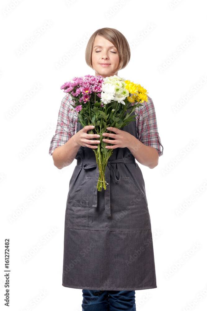 smiling attractive woman professional florist, gardener or botanist enjoying various flowers smell isolated on white background. floristry service and business concept. flower shop advertising smiling attractive woman professional florist, gardener or botanist enjoying various flowers smell isolated on white background. floristry service and business concept. flower shop advertising