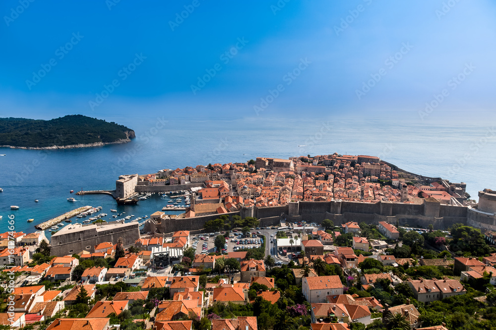 Beautiful aerial panoramic view from above of Dubrovnik Croatia with the Old Town and water horizon.