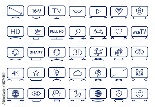 Smart TV icons set, flat design, vector illustration. Icons depicting smart TV with different stands and different functions