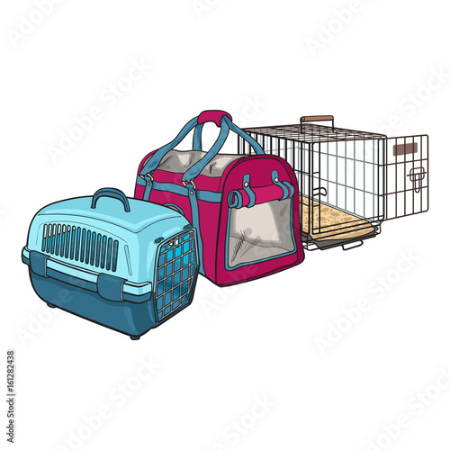 Three type of pet carrier, transport bag, plastic case, metal wire, sketch vector illustration isolated on white background. Set of fabric, plastic and metal wire pet carried, transport, travel bag