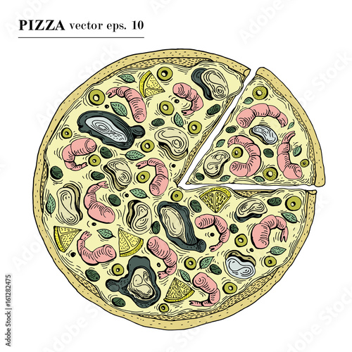 Italian Pizza with seafood hand drawn vector illustration. Can be use for pizzeria, cafe, restaurant.