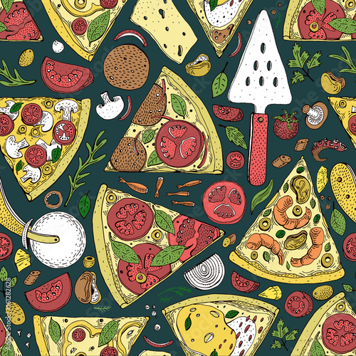 Vector seamless Pizza slice pattern. Hand drawn pizza illustration. Great for menu or background.