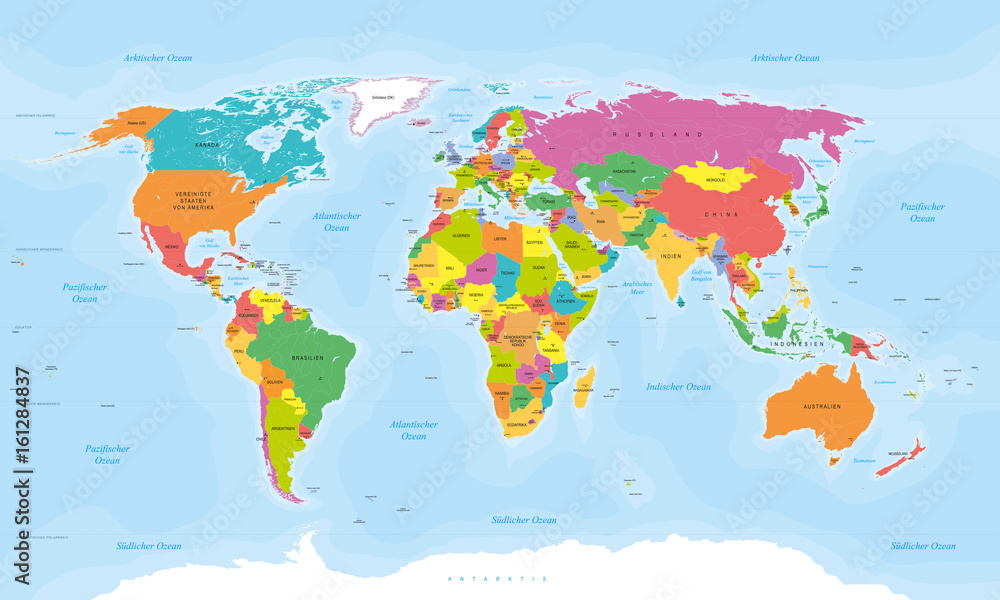 Fototapeta premium Mapa świata w niemieckich, wektoryzowanych tekstach: kraje, stolice, wyspy, morza ...
