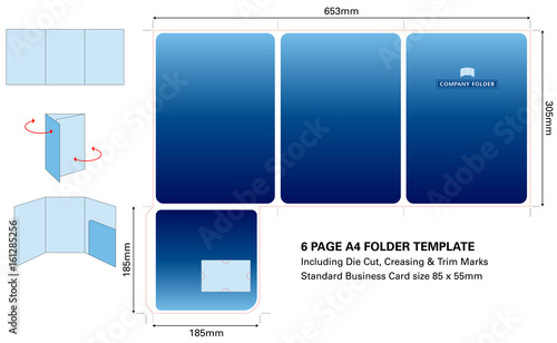 Six page Folder template with Die Cut and standard business card slot - Easy to use layers, ready to use for print.