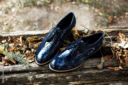 Top view of the stylish and elegant patent leather women's brogues shoes on the old wood and autumn leaves in a forest or park. Fashion vintage advertising shoes photos.