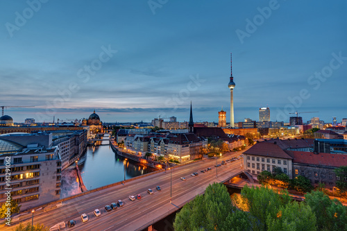 Downtown Berlin with the famous television tower after sunset