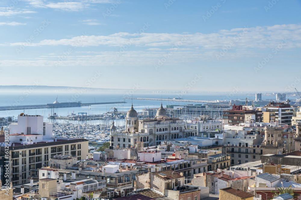 Aerial view of Alicante with yacht marine port from Santa Barbara castle, Costa Blanca, Spain
