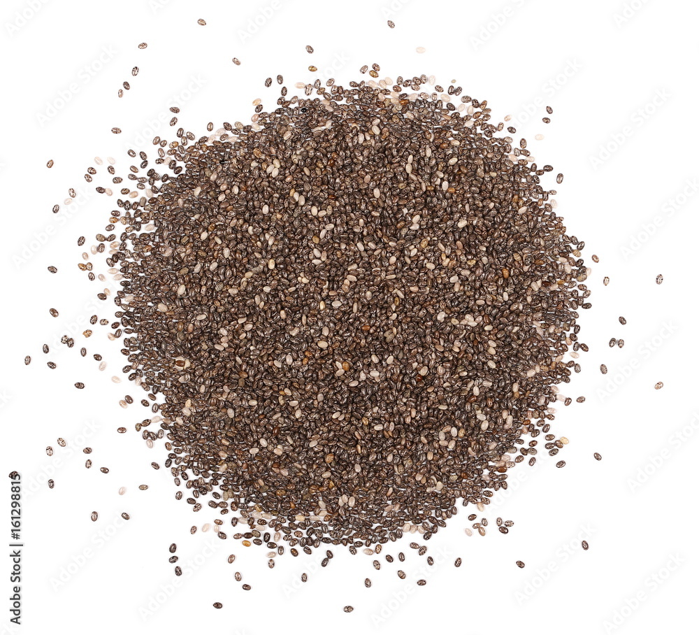 Chia seeds isolated on white background, top view Chia seeds isolated on white background, top view