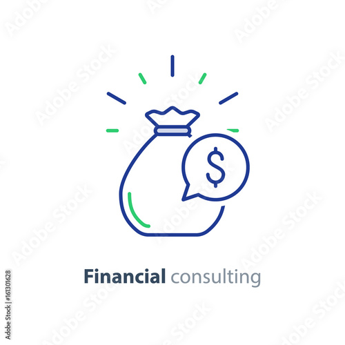 Financial consulting, investment advice service, money bag line icon