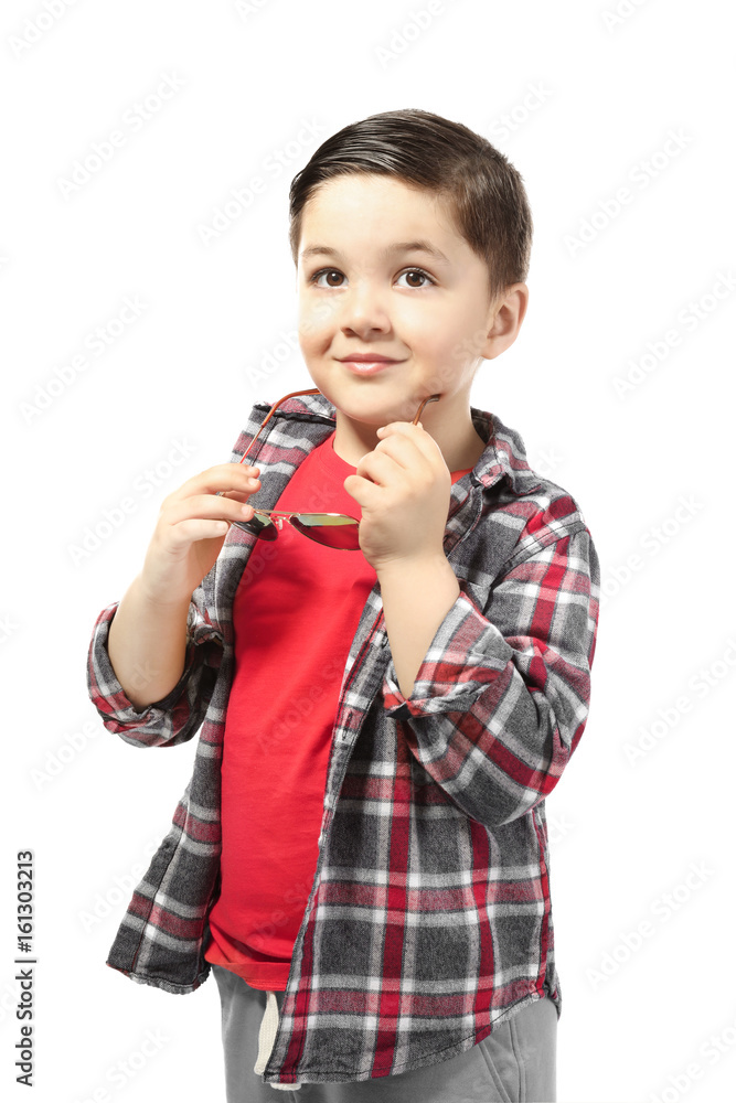 Cute little boy with sunglasses on white background Cute little boy with sunglasses on white background