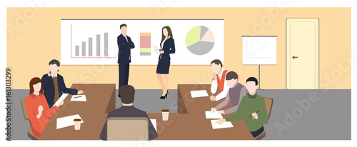 Business characters. Working people, meeting, teamwork, conference table, brainstorm. Workplace. Office life. Flat design vector illustration. 