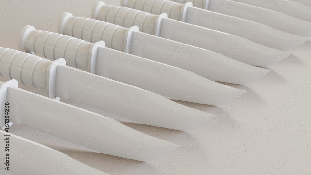 Obraz premium Endless line of White Plastic Toy Hunting Knives on a modern surface