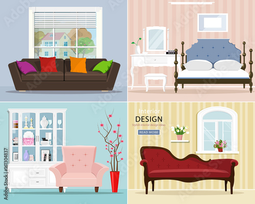 Stylish graphic room set: bedroom with bed and night table; living room with sofa, armchair, window. Interior design with cute furniture. Vector illustration.