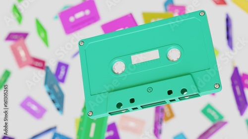 Floating Vibrantly Colored Cassette Tape Against a background of similarly brightly colored Cassette Tapes