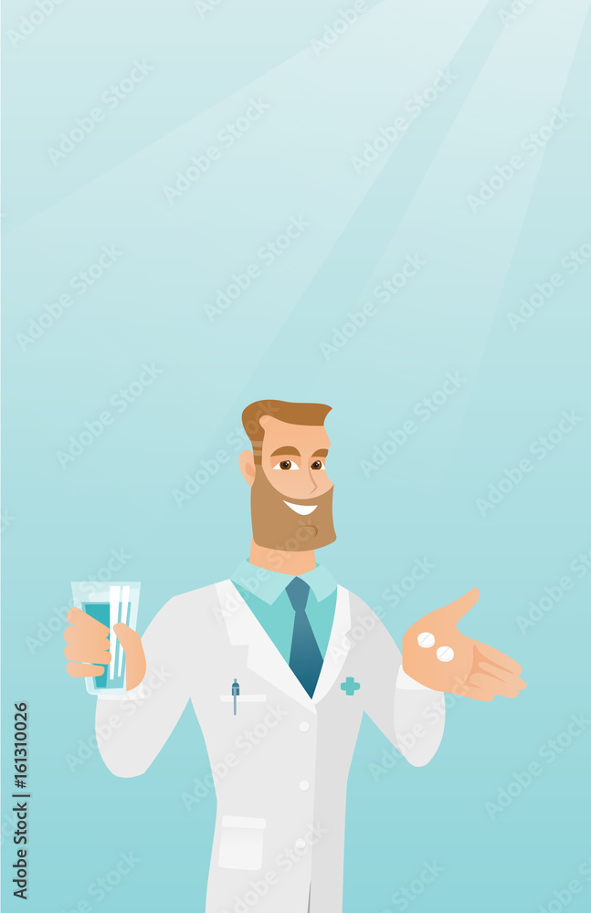 Pharmacist giving pills and a glass of water. Pharmacist giving pills and a glass of water.